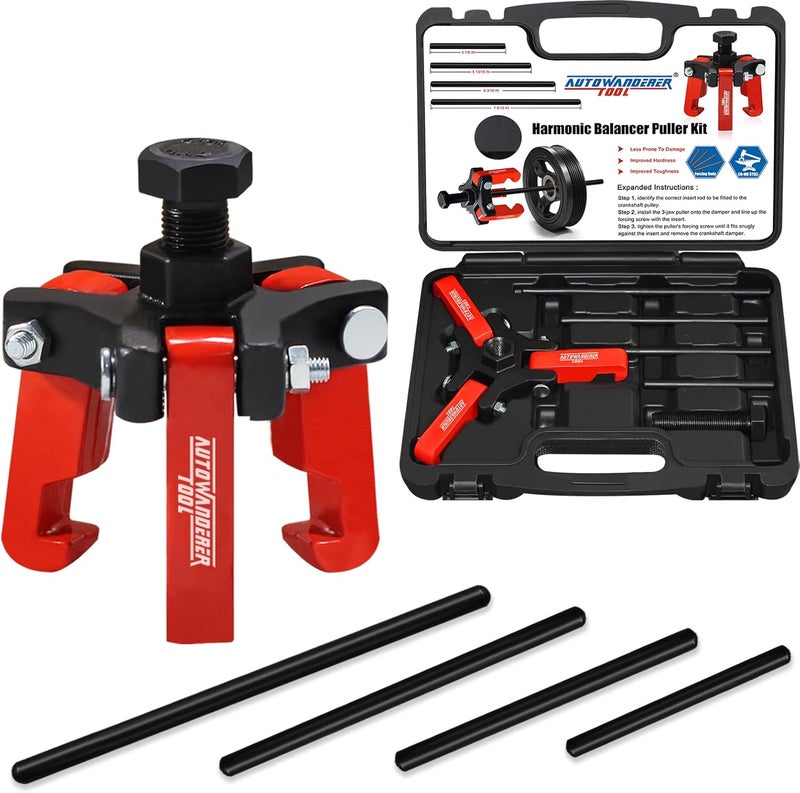 AutoWanderer Tool Harmonic Balancer Puller with Adjustable 3-Jaw Puller Kit, Forcing Screw Fits a 3/8" Square Drive and 4 Forcing Rods for Removing Harmonic Dampers & Balancers - Image 1